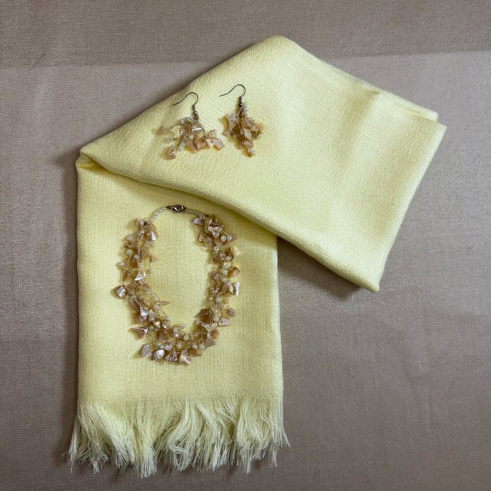 Yellow Scarf And Tan Beaded Stone Earrings And Necklace Accessory Set